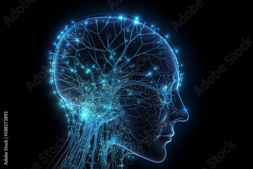 Abstract human brain neural network visualization. Science and technology concept. Blue man face silhouette with neural web visualization. Futuristic looking style. Generative AI