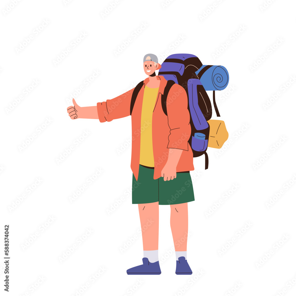 Young boy teenager hitchhiker gesturing thumbs up to stop car for travelling standing on white Young boy teenager hitchhiker gesturing thumbs up to stop car for travelling standing on white