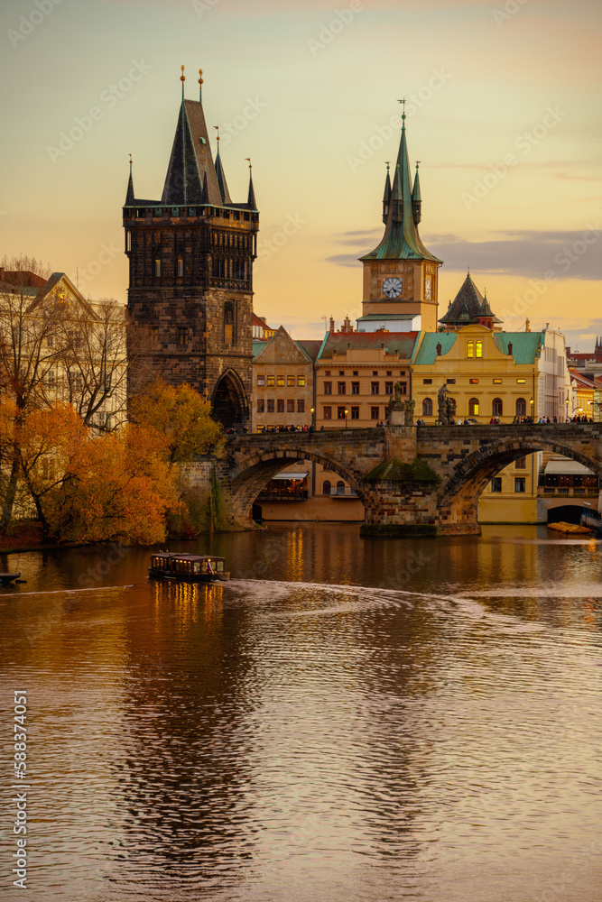 landscape with Vltava river and Charles Bridge