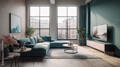 Minimalist Apartment Living Room with Teal Colors and Large Windows Looking Out to the City