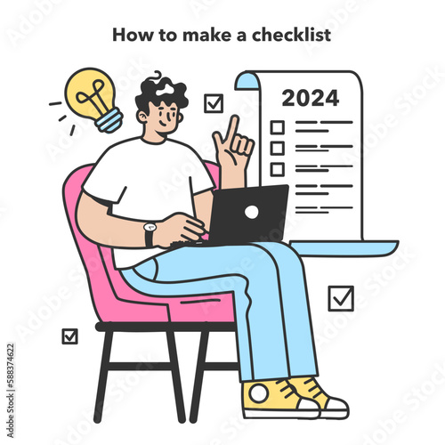 Checklist making concept. Character making big plans for a year ahead.