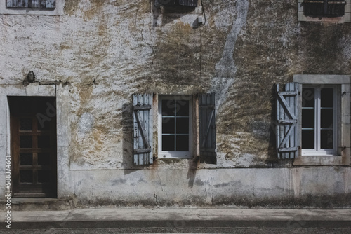 Old house. Architecture of old Europe. The shabby wall of the house. Wooden shutters. Windows and doors. View from the street. Camino de Santiago. The Way of St. James.