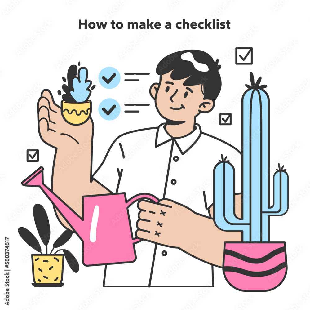 Checklist making concept. Character planning the daily routine Checklist making concept. Character planning the daily routine