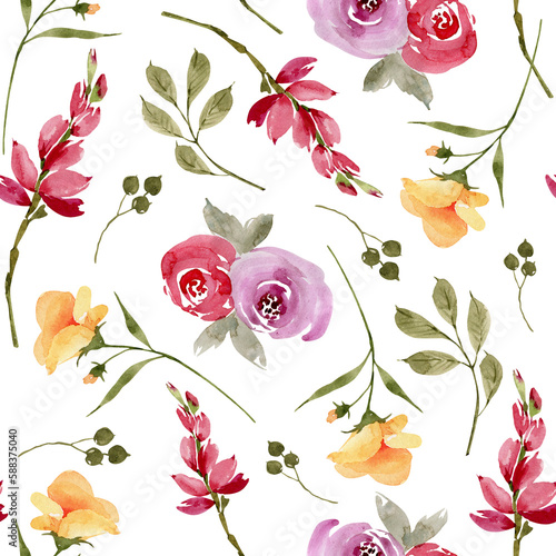 Seamless pattern with pink and yellow flowers. watercolor illustrations.