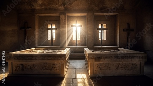 Wallpaper Mural Empty Crypt with Illuminated Crosses and Windows, Generative AI Torontodigital.ca