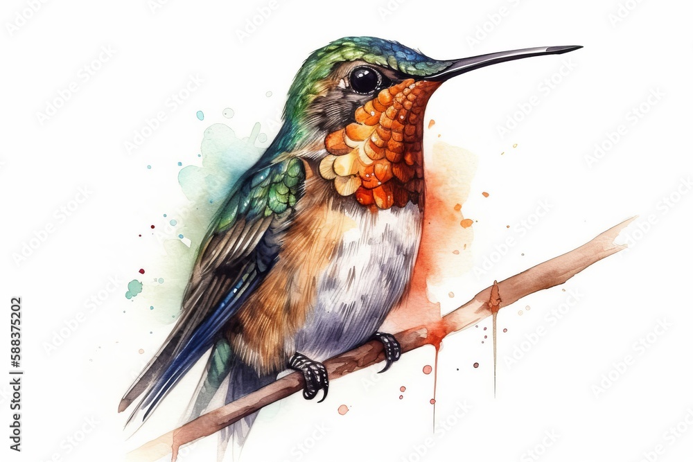 Fototapeta premium Cute Hummingbird Watercolor. Generative AI
