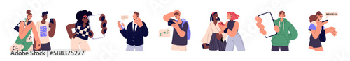 Characters use mobile smart phones set. Happy and sad users of smartphone. People holding cellphones in hand, talking, calling, showing screen. Flat vector illustrations isolated on white background