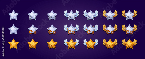 Metallic stars badges with wings collection. High quality illustrations. Perfect for games.