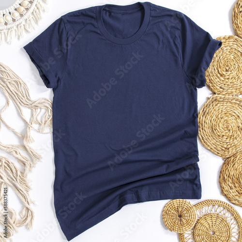 Navy blue t-shirt mock up, front view. T-shirt design template. Blank tee for print