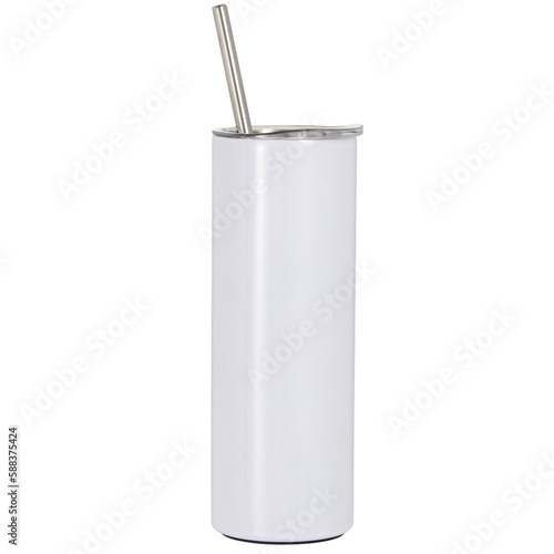 White skinny tumbler with metal straw mockup template, isolated on white.