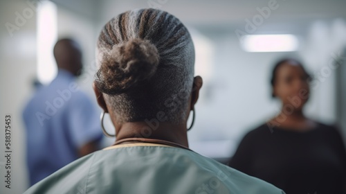The mature black nurse makes her way down the bustling hospital corridor with a sense of purpose. Despite the chaos around her, she exudes a calm and reassuring presence as she attends to her patients