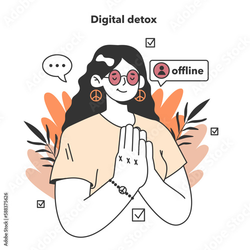 Digital detox. Female character taking a break from digital device