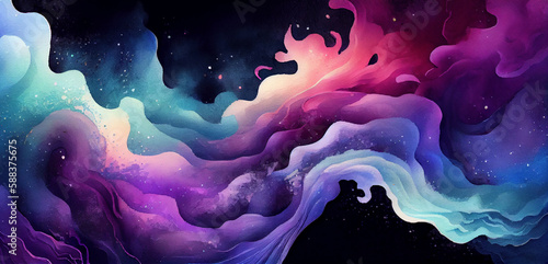 Cosmos abstract background, sky with wavy clouds and stars, wide banner, watercolor illustration. Created with Generative AI technology © nevodka.com