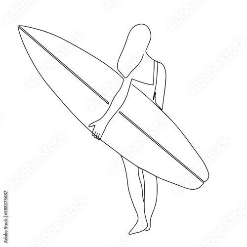 Continuous line drawing of a surfer girl with a surfboard, One line drawing of a surfer girl