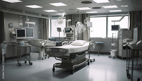 Clean hospital room with surgical equipment illuminated generated by AI