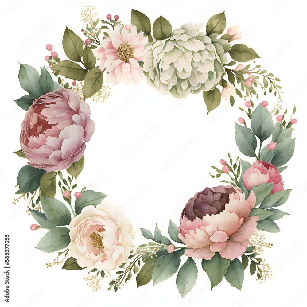 Hand drawn watercolor wreath with picturesque herbs, leaves and bloomy ...