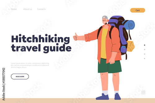 Hitchhiking travel guide landing page design template with happy cartoon male tourist backpacker