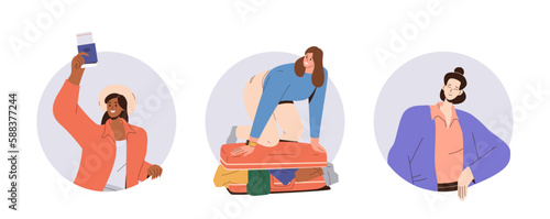 Travel set with happy cartoon woman character with luggage preparing for trip on summer vacation