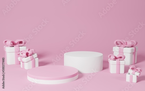 Abstract minimal scene with geometrical forms. cylinder podiums in pink colors with gift box. abstract background.for showcase, Banner, promotion, display, social media , shopping.