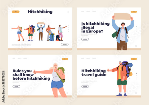 Set of landing page giving information about travel by hitchhiking for young people tourist