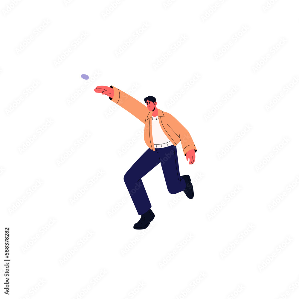 Angry street activist, hooligan throwing stone. Aggressive protester, vandal. Furious man, gangster fighting. Vandalism, violence, power concept. Flat vector illustration isolated on white background