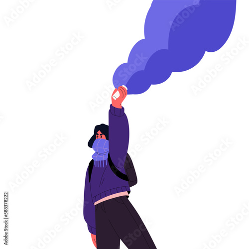 Protester holding incendiary bottle, flame bomb, explosive fire substance. Aggressive anarchy activist throwing handmade weapon at revolution. Flat vector illustration isolated on white background