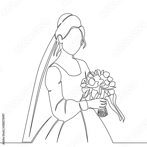 Continuous line drawing Beautiful bride holding a bouquet icon vector illustration concept