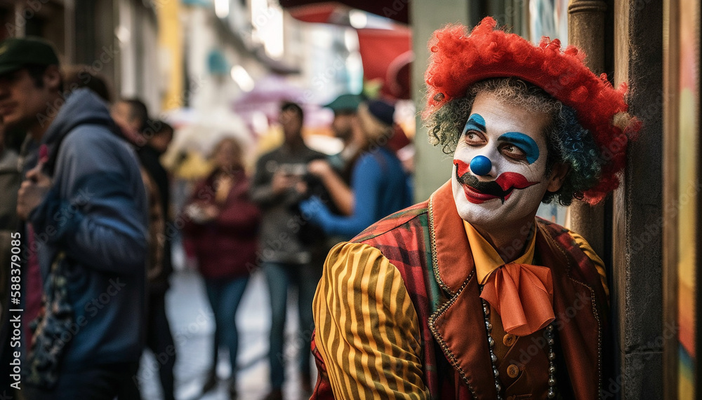 Smiling clown walks in traditional festival parade generated by AI