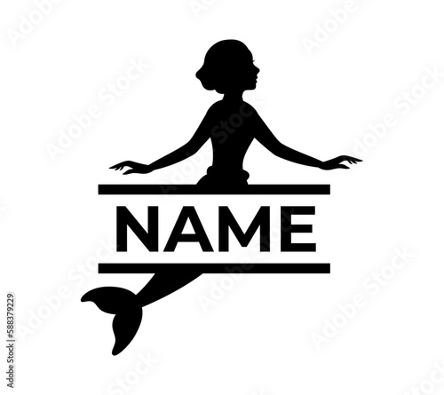 Beautiful mermaid with monogram. Kids name monogram. Mythical tale character logo. Little creature with tail. Magical mermaid black symbol