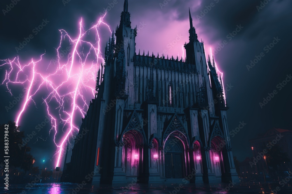 Fototapeta premium Mysterious neon gothic cathedral created with Generative AI 