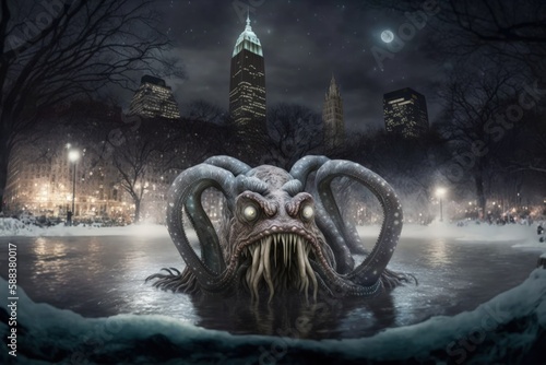 Fantasy cthulhu in the fountain in the park. Dark creepy mythical creature created with Generative AI  © Soulmate