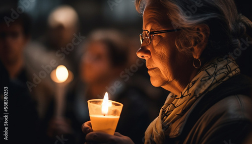 Praying adult holding candle, illuminated by flame generated by AI