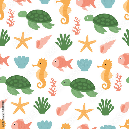 Seamless pattern Underwater world sea animals background vector illustration
