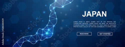 Japan 3d low poly head promotion banner. Japan map design illustration concept. Horizontal polygonal Country map poster illustration