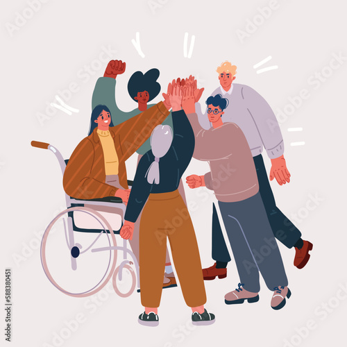 Vector illustration of team Celebrating Success, Giving High Five. Man and woman together. Woman in wheelchair.