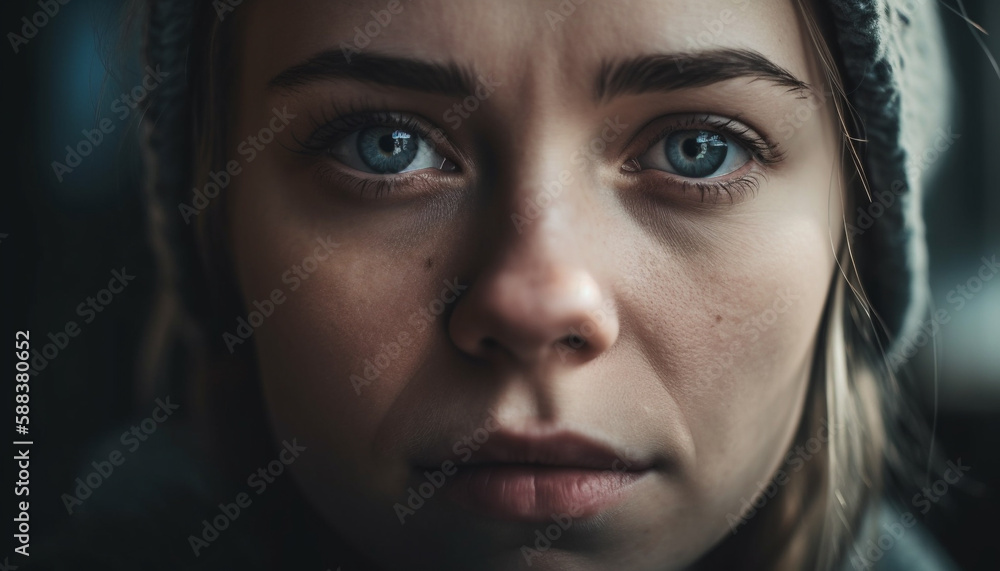Beautiful woman staring, sadness in human eyes generated by AI Beautiful woman staring, sadness in human eyes generated by AI