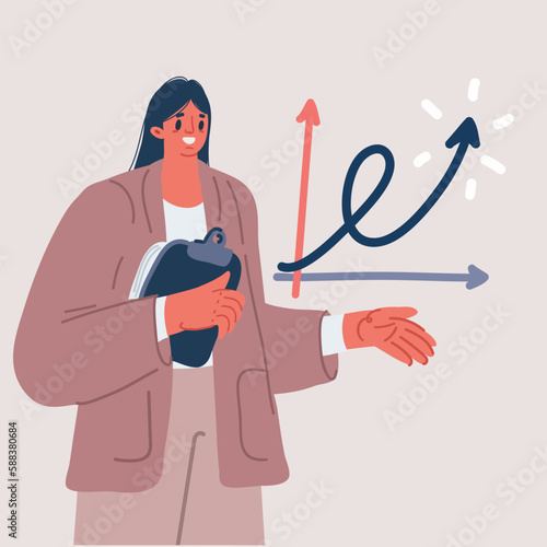 Vector illustration of Development, Rising, positive growing. Confident businessman hold development arrow meaning success in business