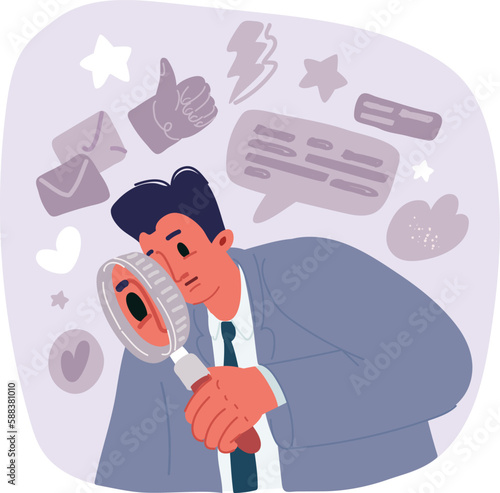 Vector illustration of Young businessman looking through magnifying glass