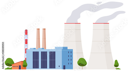Industrial plants for the production of products, electricity, equipment. Factory complex with pipes. Vector illustration