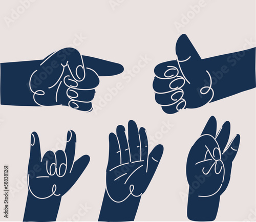 Cartoon vector illustration of Hands set of black Hand shows different gestures signs. Point finger, rock gesture, fingers crossed, ok, five and thumb up over dark background