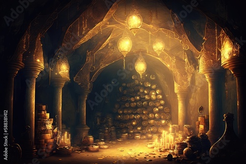 Golden treasure cave created with Generative AI  photo