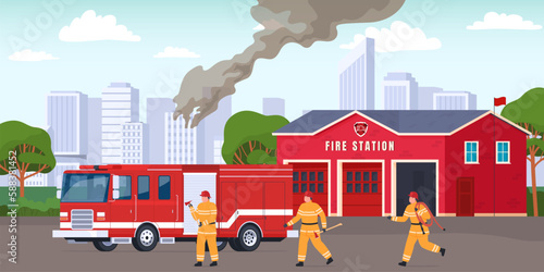 Firefighters go to the fire from the fire station. Rescue in the event of a fire in the house, rescue work. Rescue service in emergency situations. Vector illustration