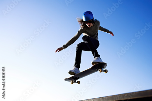 Young woman skateboarding against blue sky, generative ai