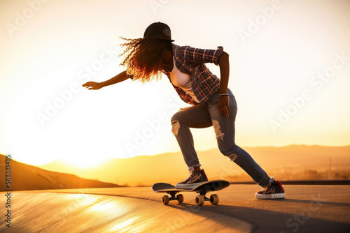 Young woman skateboarding at sunset, generative ai