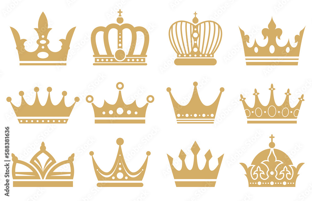 Golden silhouettes of crowns. Symbol of the rule of the power of wealth. Your company logo icons. Vector illustration