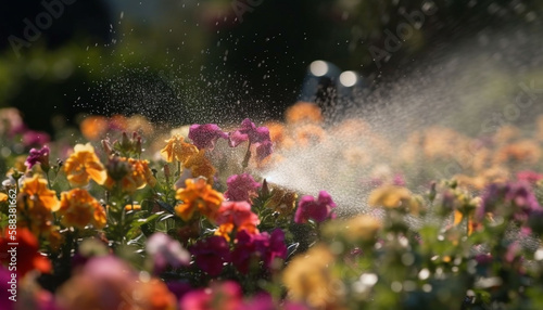 Blossoming flowers spritzed by fresh dew drops generated by AI © Jeronimo Ramos