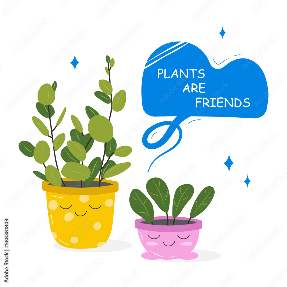 Postcards with a picture of a houseplant in a pot with a slogan about a friend. Cute kawaii houseplants with lattering, plants are friends. Vector illustration isolated on white background. Postcards with a picture of a houseplant in a pot with a slogan about a friend. Cute kawaii houseplants with lattering, plants are friends. Vector illustration isolated on white background.