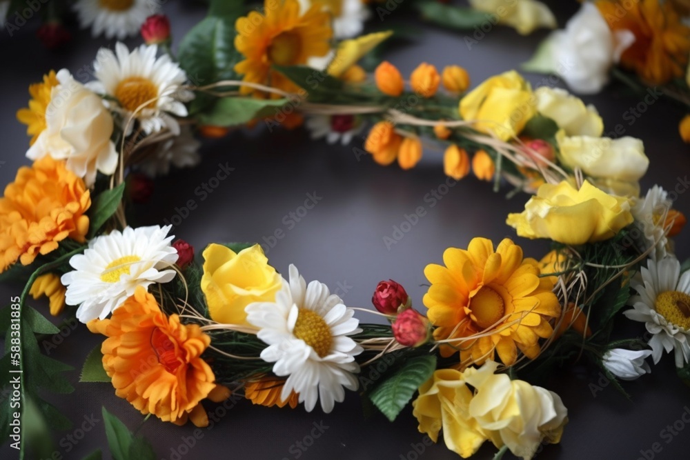 Garland with flowers on dark background. AI generated Garland with flowers on dark background. AI generated