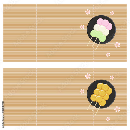 Hanami dango and Mitarashi dango on a black round plate on a bamboo mat with sakura flowers. Background with Japanese sweets on a stick and place for text. Rice dumplings, spring dessert. Vector set