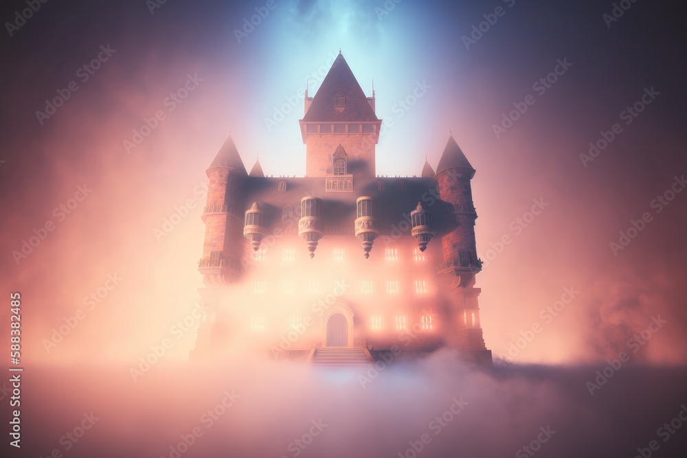 Obraz premium Citadel in the fog on a mountain. Castle created with Generative AI 
